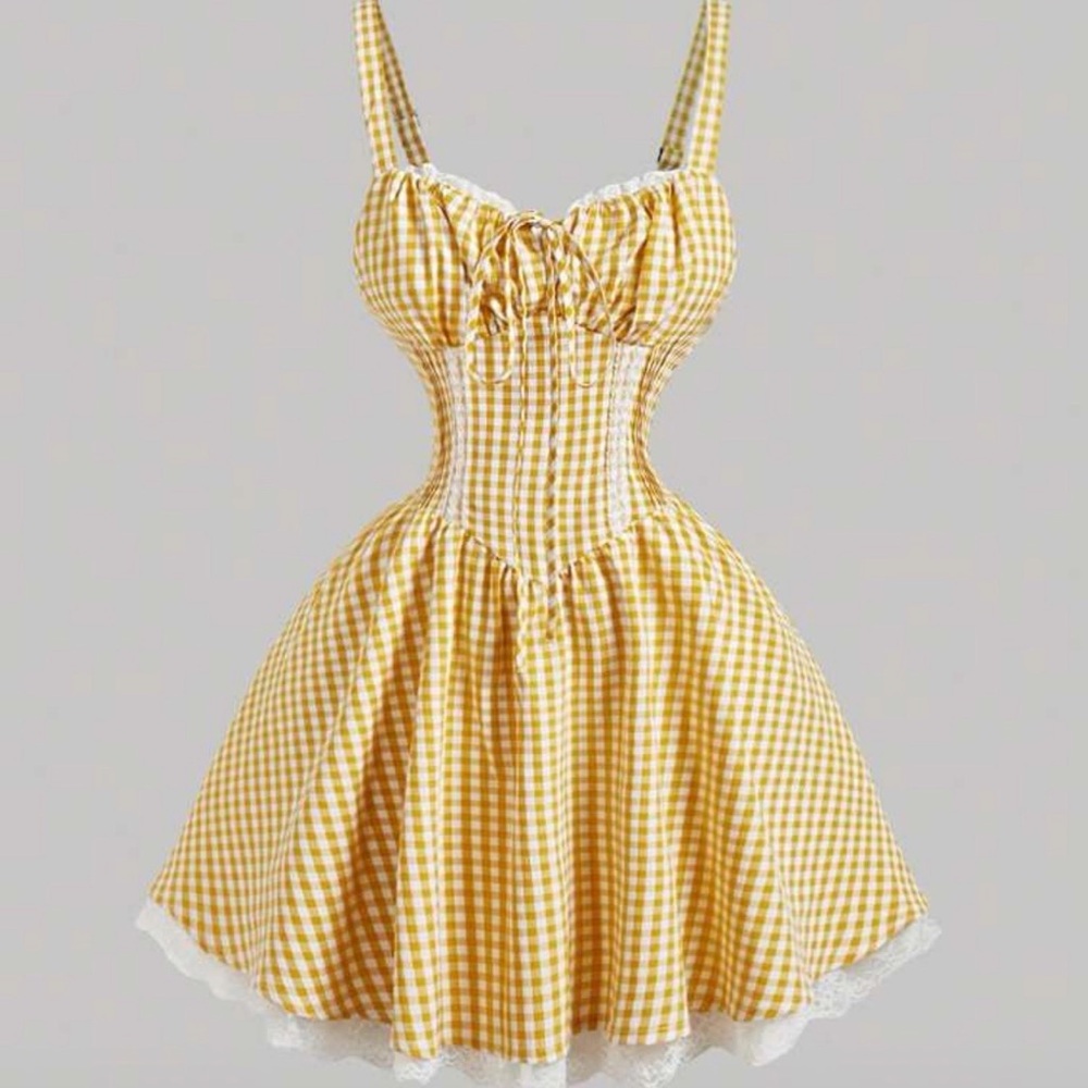 Yellow Gingham Fit-and-Flare Sundress with Lace Trim